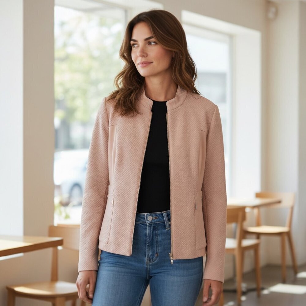 Chico's Blush Pink Textured Zip-Front Jacket, size medium.
